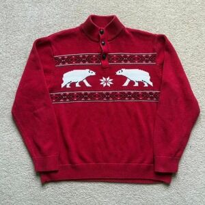 Chaps Polar Bear Knit 1/4 Button Sweater Size XL Red‎ Ski Style Pullover